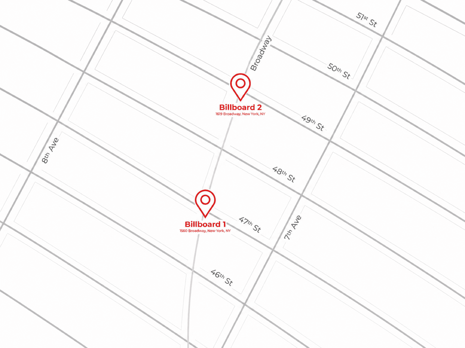 Map showing Billboard 1 at 1560 Broadway and Billboard 2 at 1619 Broadway, Times Square, New York
